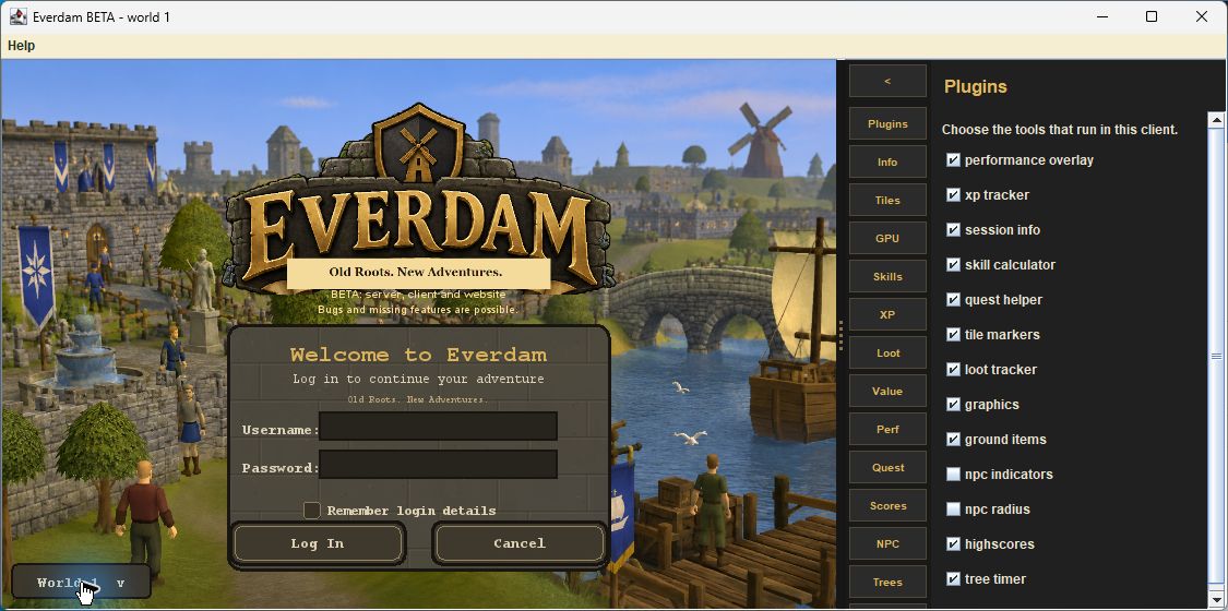 Everlite ready to log in with its Plugins sidebar open.