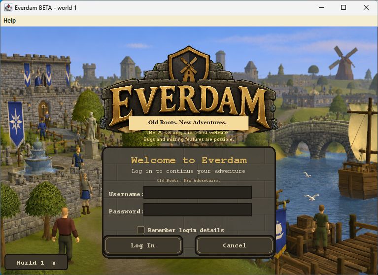 The normal client ready to log in, with both account fields empty.